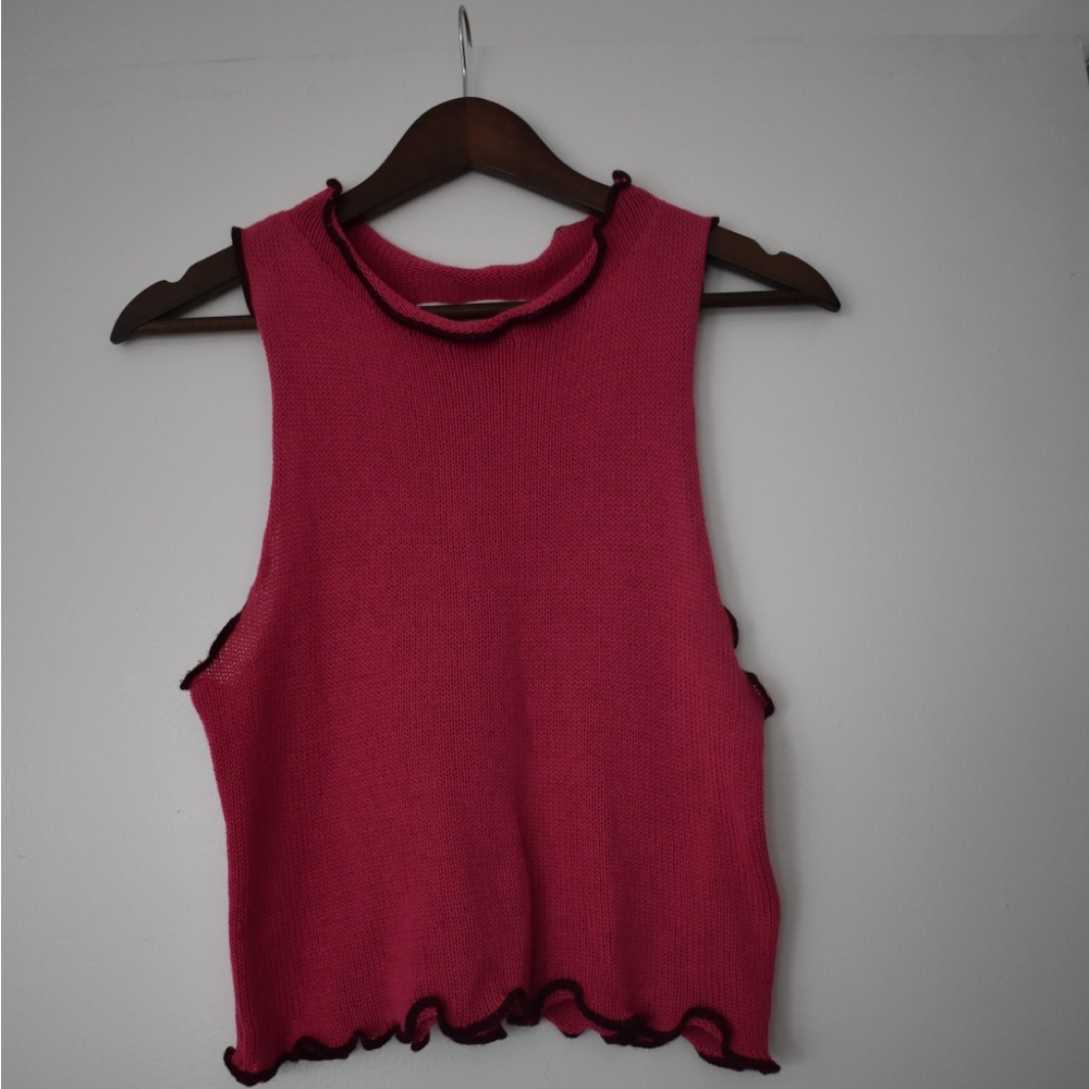 Silence + Noise Raspberry Knitted Tank with Brown Ruffled Edges